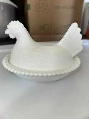 Vintage White Milk Glass Hen On A Nest Covered Dish • $28