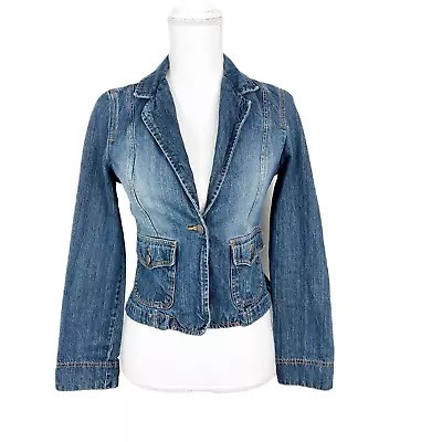 Mossimo Jean Jacket Women Small Blue Denim One Button Collared Casual Moss Issue • $7.50