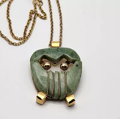 Vintage Jadeite Jade Gold Toned Abstract Owl Pendant Asian Inspired Necklace • $25.99