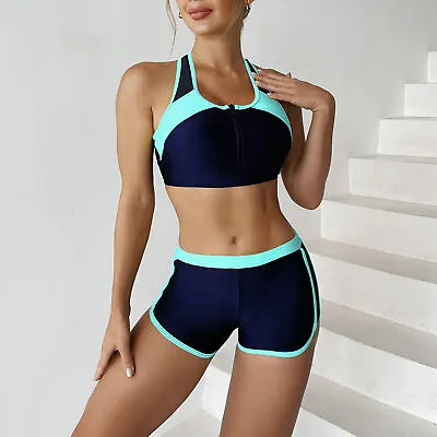 $24.19 • Buy Women Sports Bikini Set Front Zipper Bra Color Block 2 Piece Swimsuit Bathing Su