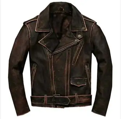 Mens Biker Brown Vintage Distress Cafe Racer Motorcycle Real Leather Jacket • $24.42