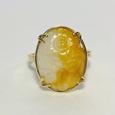 Ming's Honolulu 14K Yellow Gold Carved Flower Jade Size 6.5 Ring 3.8g • $780