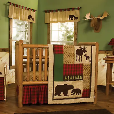 NEW Cabin Log BEAR MOOSE OAK PINE TREES RED BROWN GREEN  3Piece Crib Bedding Set • $59.99