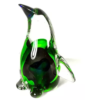 Hand Blown Glass 6 1/2   Green W/ Cobalt Blue Penguin - Murano Style • $39.98