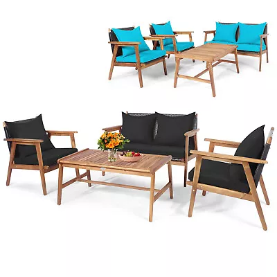4 PCS Outdoor Acacia Wood Furniture Set W/ Two Set Cushion Cover Black Turquoise • $449.50