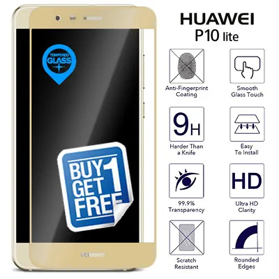 2 X For Huawei P10 Lite Full Tempered Glass Screen Protector Film Gold WAS-LX1 • £3.99