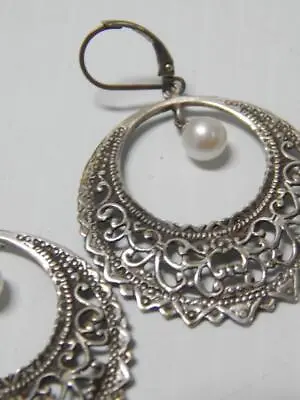 Antique/ Vintage Mexican Sterling Silver Pearl Poblano Oaxacan Dangler Earrings • $65