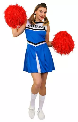 Ladies Blue High School Cheerleader Adults Fancy Dress Costume With Pom Poms • £14.99