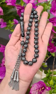 Erzurum Oltu Turquoise & 1000K Silver Inlay Prayer Beads Misbaha تسبيح Masbaha • $312.05