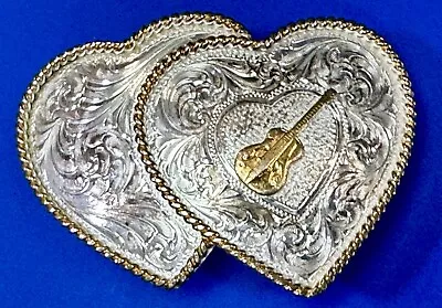 Guitar Inside Of Dual Hearts -Vintage Numbered Montana Silversmiths Belt Buckle • $59.95