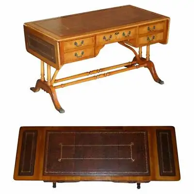 Extending Writing Table Desk Burr Yew Wood Brown Leather Gold Leaf Embossed Top • £2850