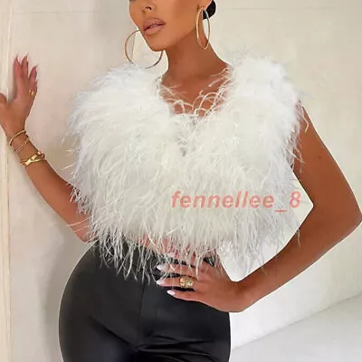 Womens 100% Real Ostrich Feather Fur Shawl Shrug Small Vest Wedding Party Bolero • $97.52