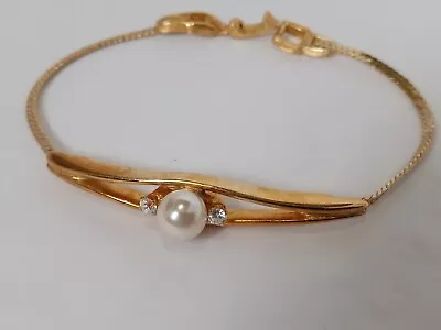 Vintage 2 Strand Faux Pearl Goldtone CZ Black Stone Clasp Closure Bracelet 6.5” • $12