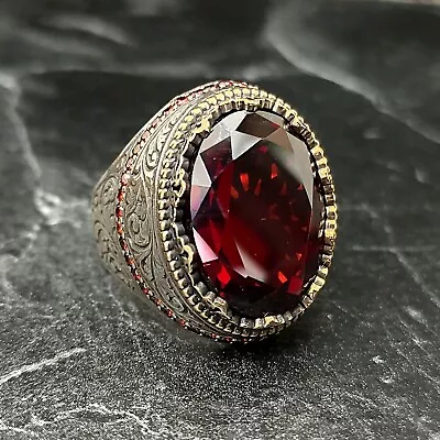 Men Silver Oval Red Garnet Stone Ring  Silver Red Gemstone Ring  Floral Style • $70