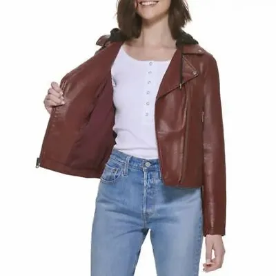 Levi Ladies' Faux Leather Moto Hooded Jacket | B12 • $31.45