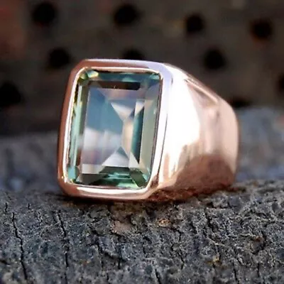 Solid 925 Sterling Silver Natural Green Amethyst Emerald Cut Gemstone Men's Ring • $41.33