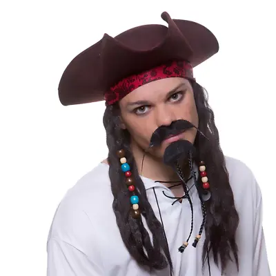 Caribbean Deluxe Pirate Hat With Hair & Beads Jack Sparrow Fancy Dress Accessory • £8.99