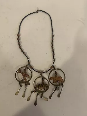 Vntg African Style Art Necklace Wooden Carved Animals Beads & Metal See Photos • $12.50