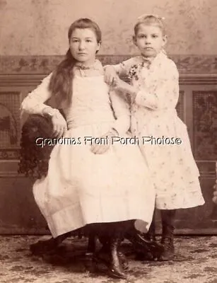 Cabinet Card Photo Two Young Girls Children W Pretty Dresses Long Hair Chair • $3.95