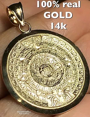 $251 • Buy GOLd Aztec Pendant 14K Azteca Sun Mayan Calendar Solid Necklace Mexico MEDIUM