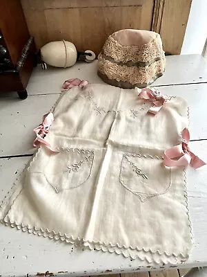 Victorian French UNUSED Child SET Coton Apron And Silk Cap C1880 • $227.62