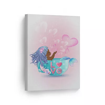 African American Kid Mermaid In Pink Blue Haired Canvas Wall Art Print • $19.99