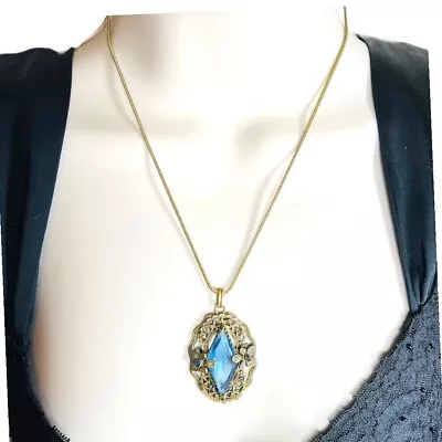 Vintage 1920s Art Deco Topaz Light Blue Glass Pendant Gold Plated Necklace • $55