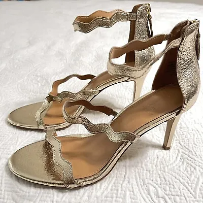 J Crew Shoes 7.5 Metallic Gold Scalloped Heels Crackle Three Strap Sandals • $17.50