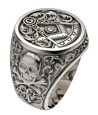 Masonic Skull Ring In 925 Sterling Silver Freemasonry Eagle Handmade Biker Gift • $161.83