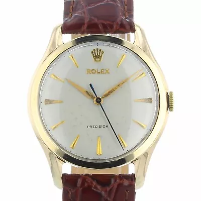 Rolex Precision 35 Mm White Dial 9ct Yellow Gold Leather Strap Vintage Watch • £1995