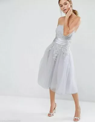 Chi Chi London Silver Grey Dress Lace Tulle Size UK8 EUR36 US4 • £76.99