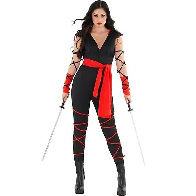 Womens Black & Red Ninja Costume Ladies Warrior Halloween Fancy Dress Jumpsuit • $40.95