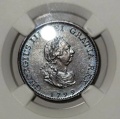 1799 Great Britain 1/4 P Farthing George III Beautiful Blue Toning NGC MS 63 BN • $369