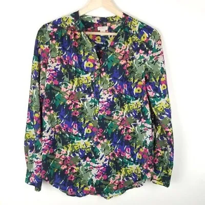 J. Crew Factory Blouse XS Abstract Floral Green Purple Long Sleeve Jewel Tones  • $10.87