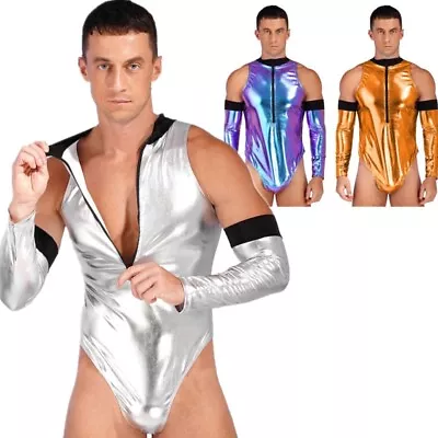 Men's Shiny Spaceman Uniform Faux Leather Astronaut Costume Leotard With Gloves  • £11.98