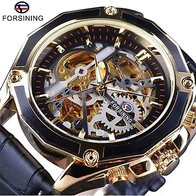 Forsining Mens Skeleton Mechanical Waterproof Luxury Watch Leather Octagon Gift • $39