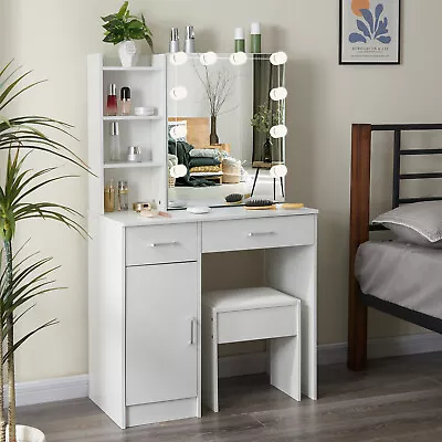 White Dressing Table With LED Mirror Makeup Desk Cabinet Vanity Table Set Stool • £137