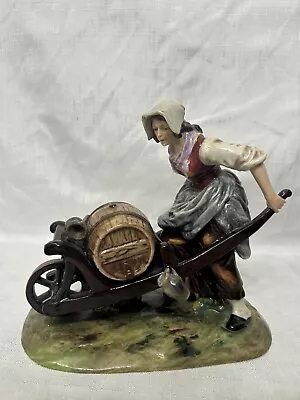 Vintage Capodimonte Porcelain Woman Pushing Barrel Beer Maid Figurine Italy • $55