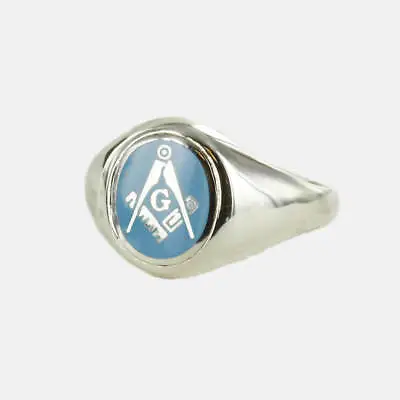 Silver Square And Compass With G Oval Head Masonic Ring (Light Blue)- Fixed Head • £187.20