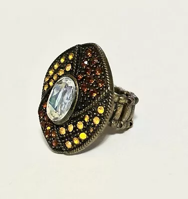 Large Black Vintage Stretch Ring W/a Big Clear Rhinestone W/Gold & Bronze Accent • $7.99