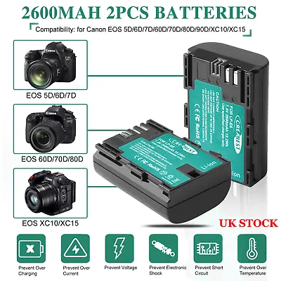 2x LP-E6 LP-E6N Battery &Charger For Canon EOS-R R5 5DS 6D 90D 60D 70D 80D XC10 • £27.88
