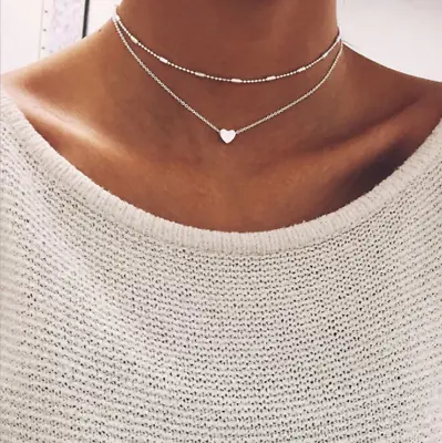 Ladies Woman Silver Gold Multi Layer Love Heart Charm Choker Chain Necklace Gift • £3.59