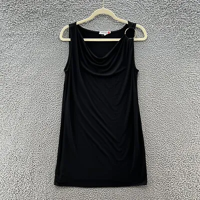 Michelle Jonas Dress Women M Black Stretch Jersey Knit Travel Raw Hem Mini Shift • $34.90