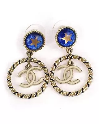 Pre Loved Chanel Gold-Plated Dangling Earrings With Blue Accents • $1034