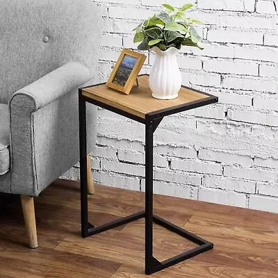 MyGift C-Shape Industrial Style Brown Burnt Wood & Black Metal Sofa Side Table • $56.99