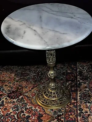 Small Round Onyx  White Marble Ornate Brass Italian Side  Table Mid Century. • $249