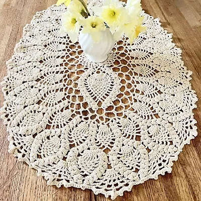 Vintage Handmade Crochet Table Runner Cotton Lace Cloth Doily 20x28” Cream • $18