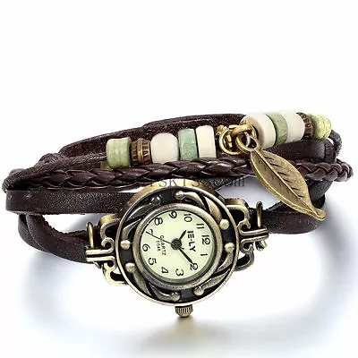 Vintage Braided Leather Wrap Leaf Charm Bracelet Analog Quartz Wrist Watch • $8.99