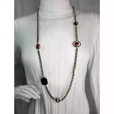 Chico's Necklace Burnished Gold Tone Black Red Faux Stone Costume Jewelry Signed • $20