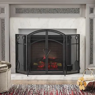 Rue Modern Iron Folding Fireplace Screen With Door And Tools • $161.68